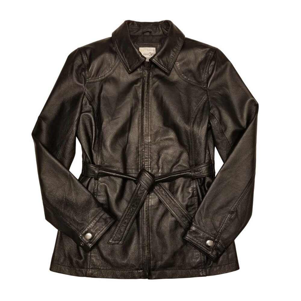 Genuine Leather Jacket Black with Waist Tie Collared Medium East 5th Vintage